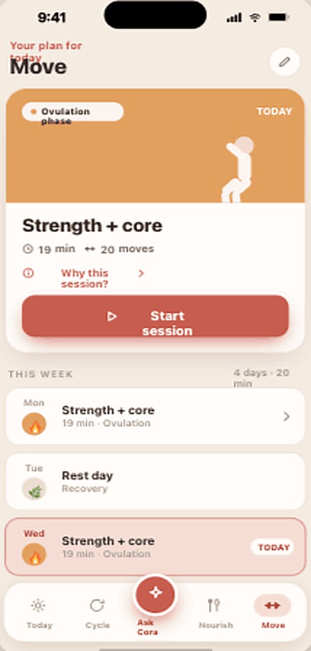 Cora Move screen showing a cycle-aware daily workout plan